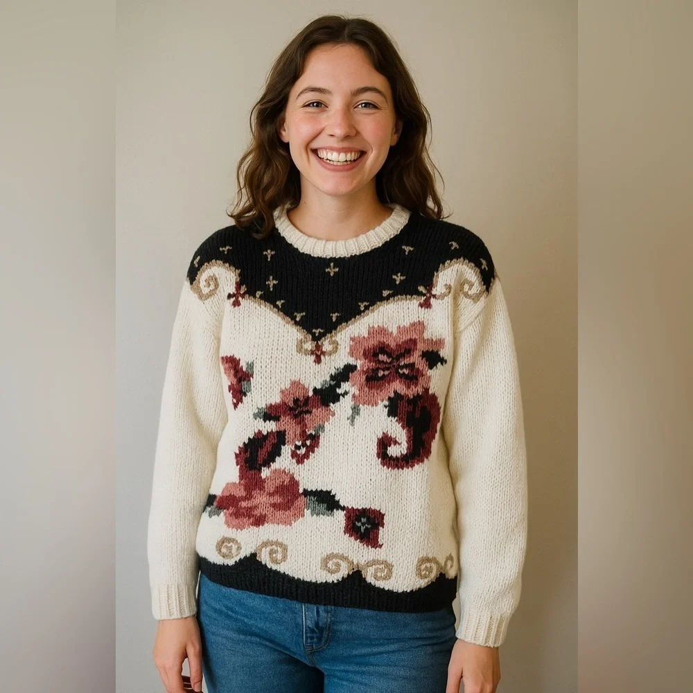 Carolina Colours Vintage Floral Knit Sweater White Black Pink Embroidered Retro